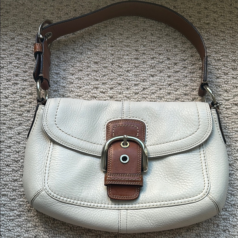 Coach Cream and Brown Leather Shoulder Bag with Buckle Closure
